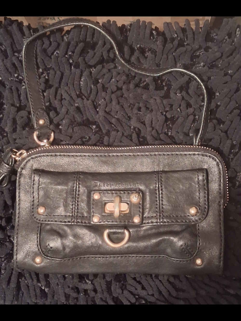 Juicy Couture Black Leather Wristlet Clutch with Gold Hardware,Vintage